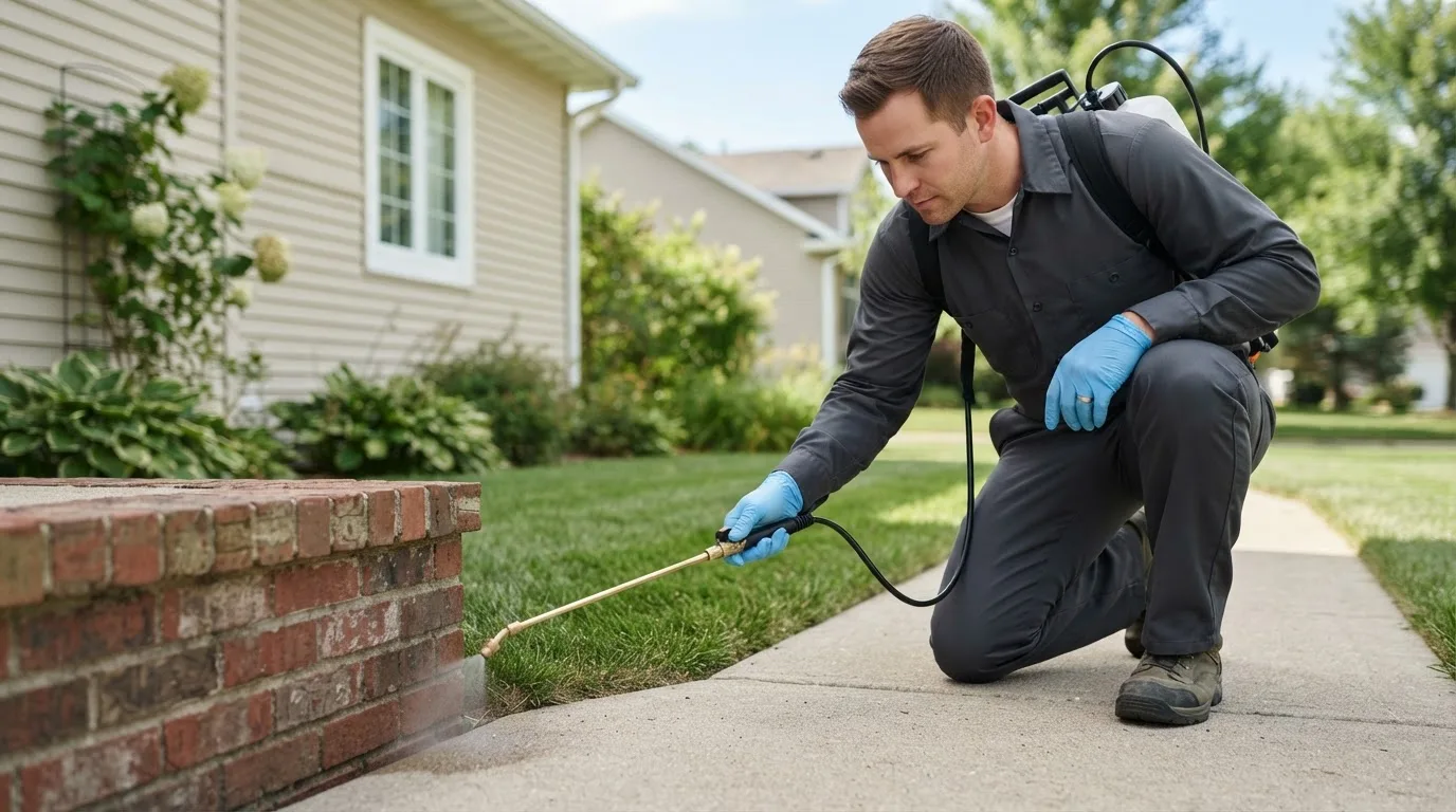 Pest control technician treating a home near Oswego, IL