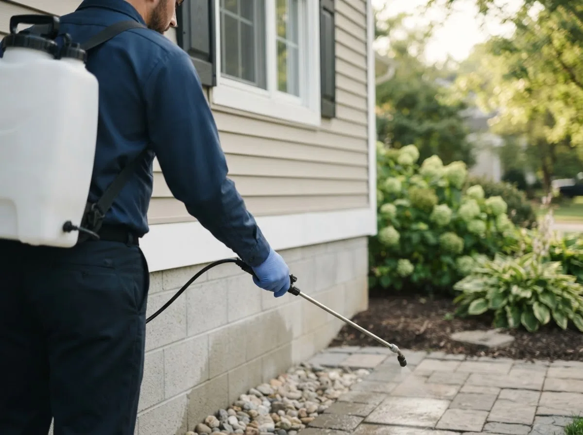 Pest control technician inspecting a home in Oswego, IL